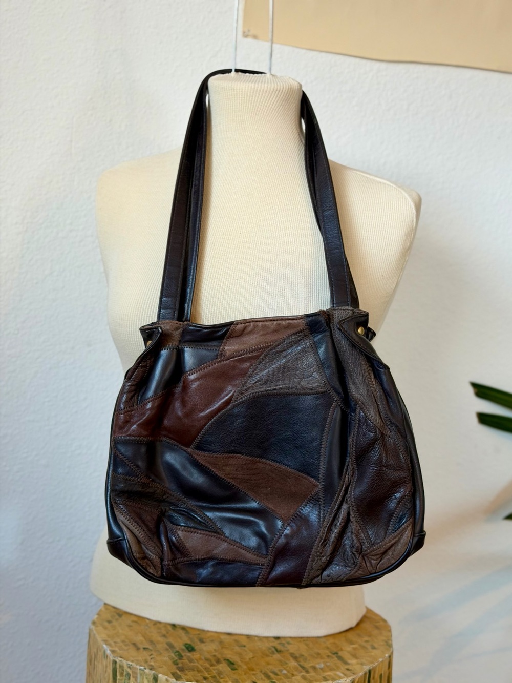Vintage Patchwork Leather Shoulder Bag in Brown